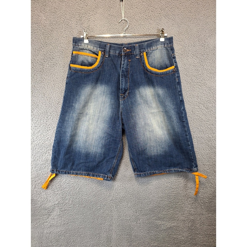 PJ MARK Mens Denim Shorts Size 38 (Fits W37) Blue Yellow Trim Casual Streetwear